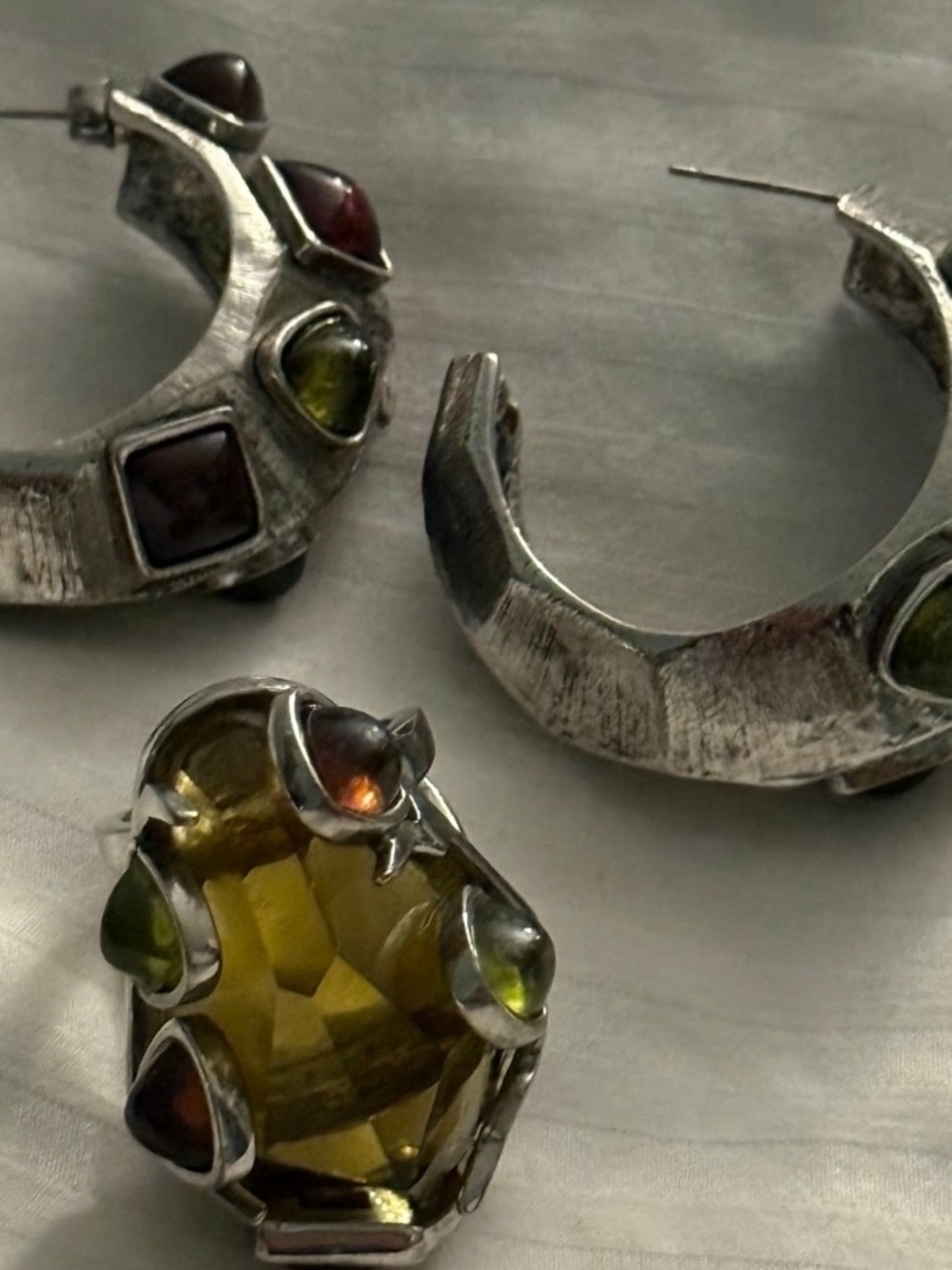 Vintage  Lou G PURE .925Hoop Earrings- Cocktail Ring with Olive-Green and Amber